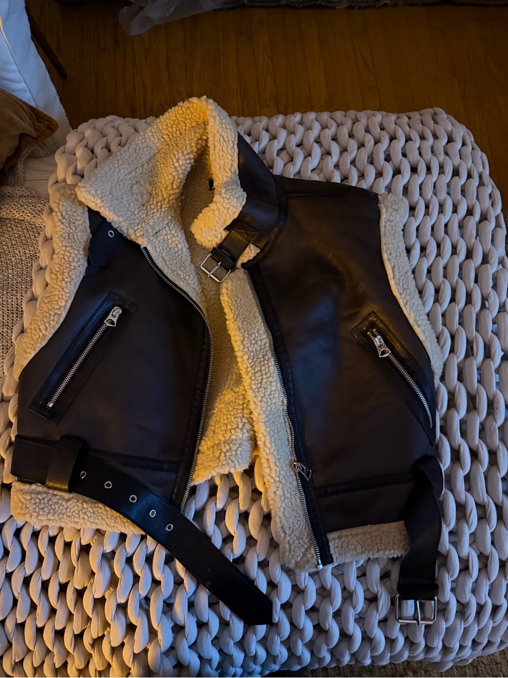 Zara Black Faux Leather Shearling Vest